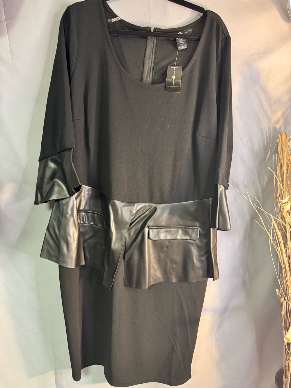 Ashley Stewart Black Midi Dress with Faux-Leather Trim